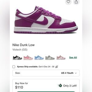 “SIZE 4Y” Nike Dunk Low “White/Viotech” Grade School Girls’